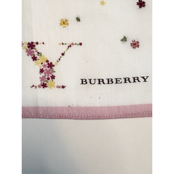 Burberry Scarf White w/ Pink Floral Pattern & Large Monogram Logo Flowers - Picture 7 of 9